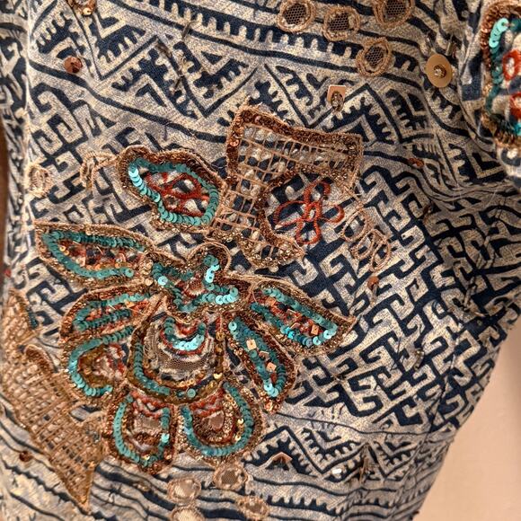 Chico’s Embroidered Sequin Jacket Blue Boho Tribal Linen Cotton Women 2 Large - Picture 5 of 8